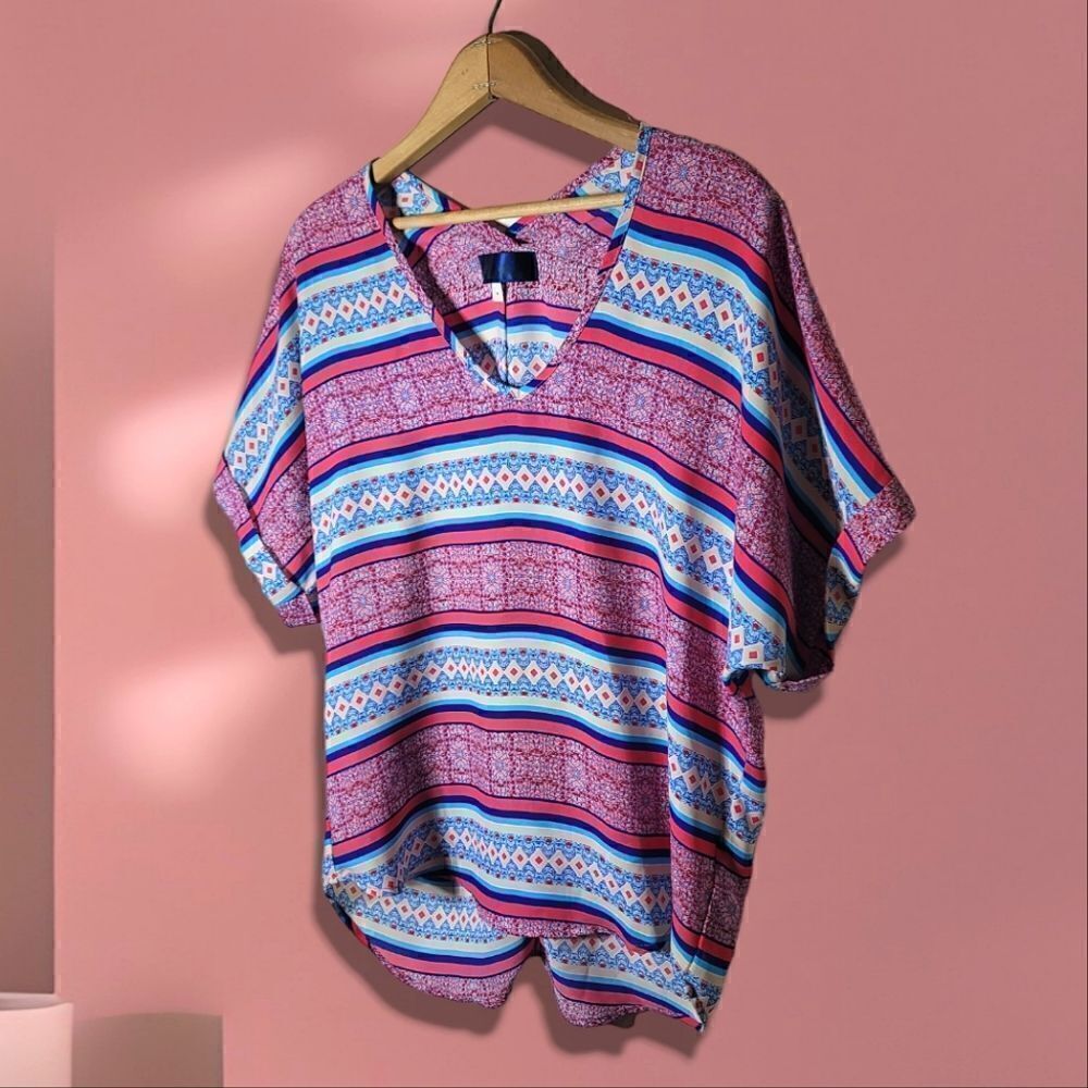 Blue Rain Stripes V-Neck Short Sleeve Blouse - Picture 3 of 5